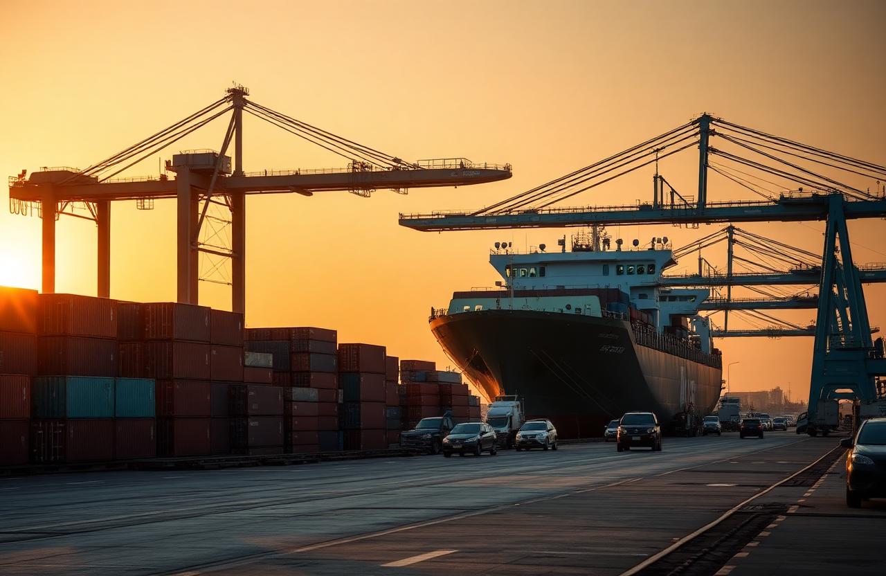 African port with cargo containers and ship